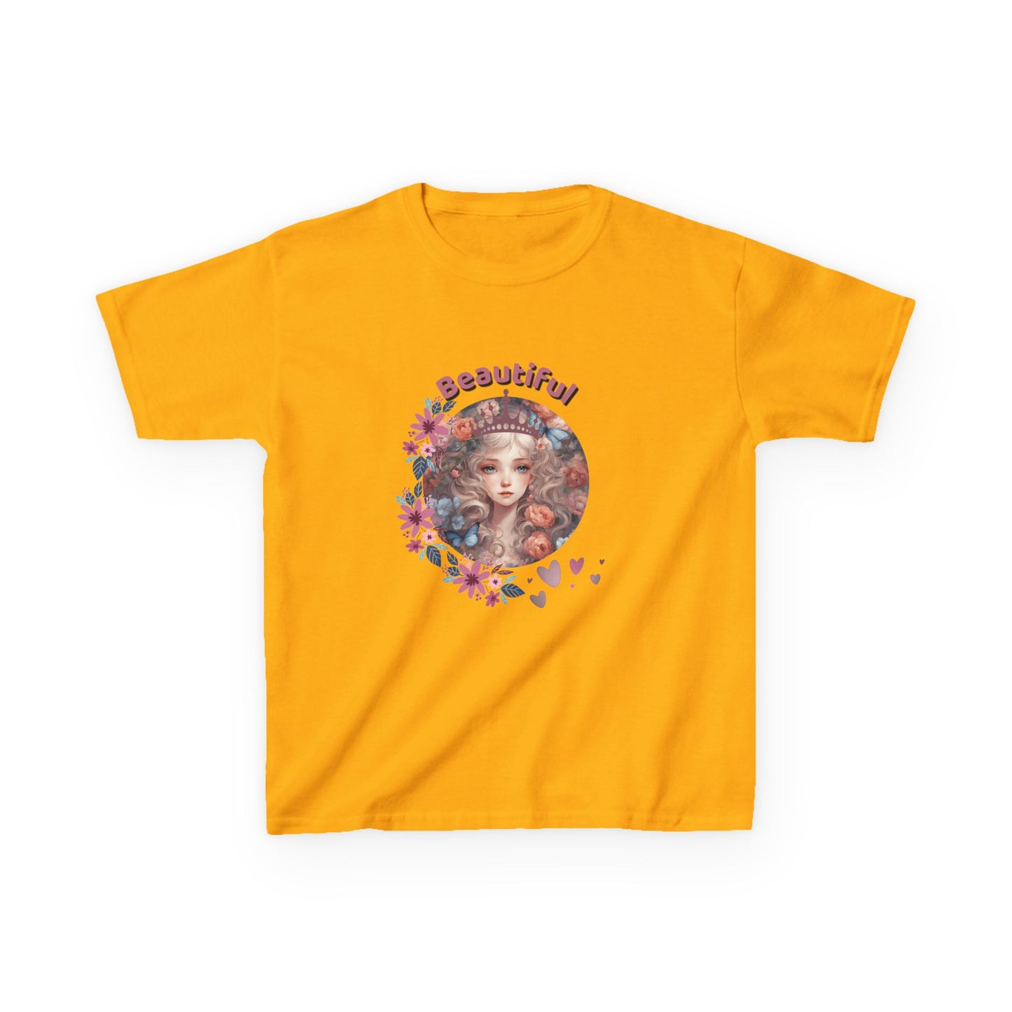 Yellow t-shirt with a colorful graphic and the word 'Beautiful' on a white background