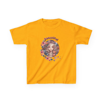 Yellow t-shirt with a colorful graphic and the word 'Beautiful' on a white background