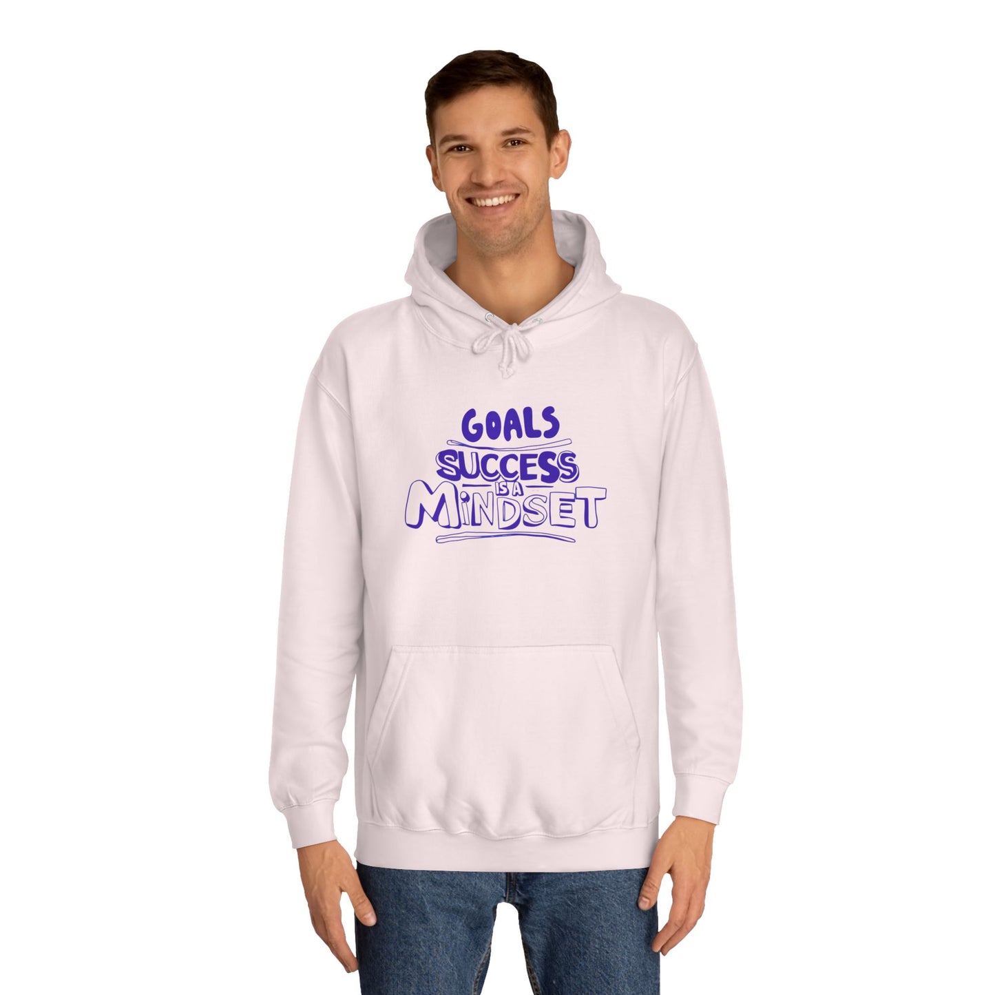 Person wearing a light pink hoodie with text on a white background