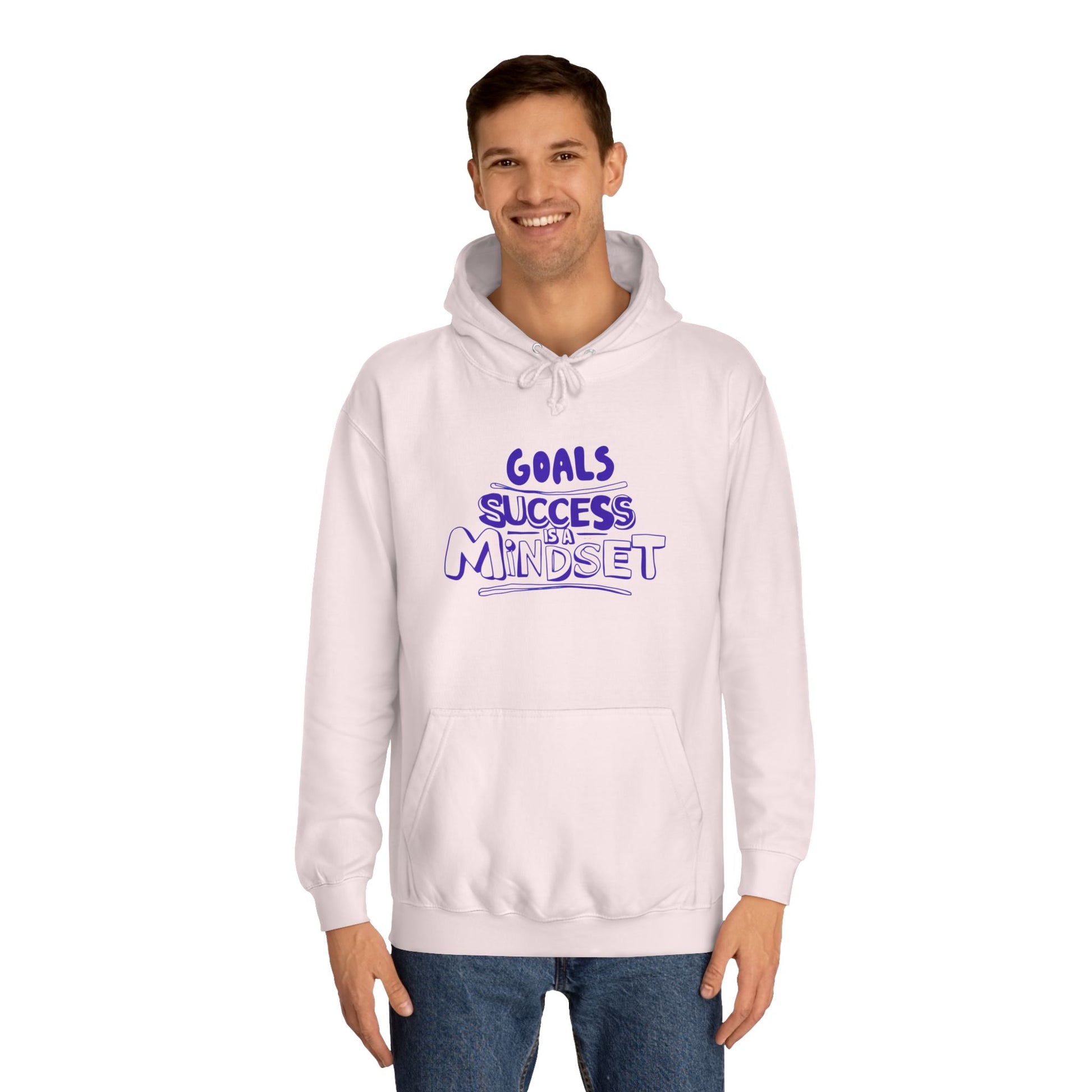 Person wearing a light pink hoodie with text on a white background