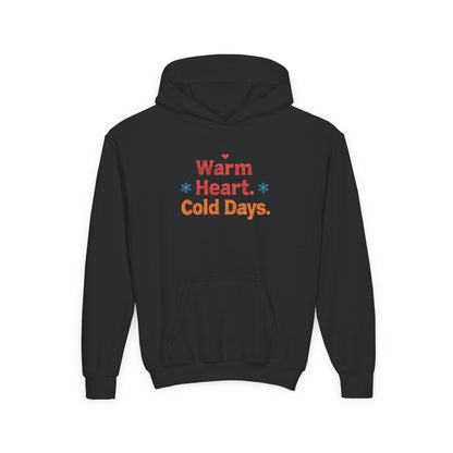 Black hoodie with 'Warm Heart. Cold Days.' text on a white background