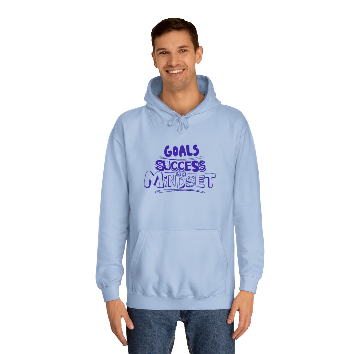 Person wearing a light blue hoodie with text design on a white background