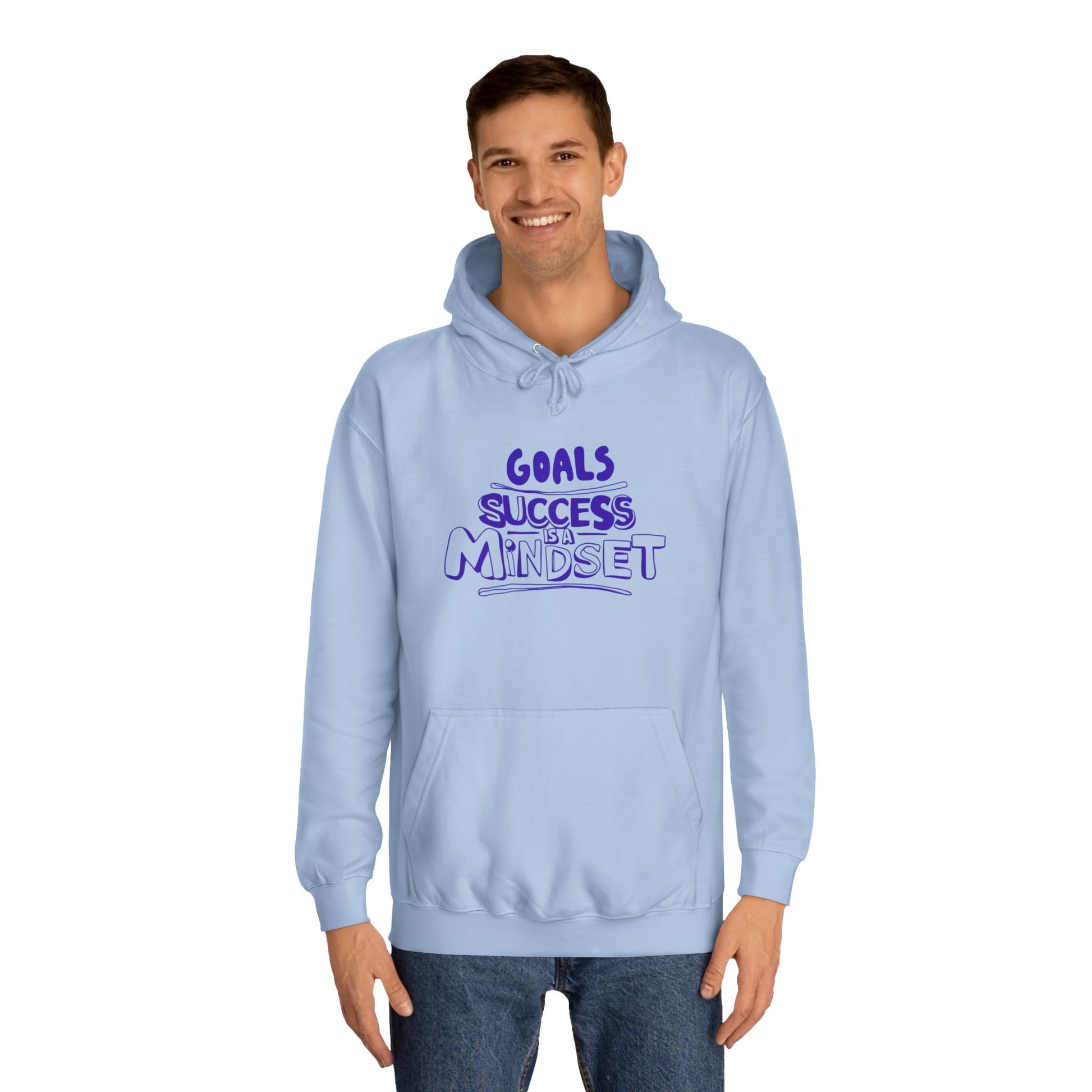 Person wearing a light blue hoodie with text design on a white background
