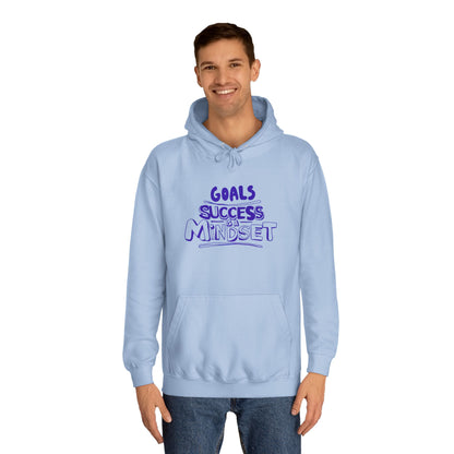 Person wearing a light blue hoodie with text design on a white background