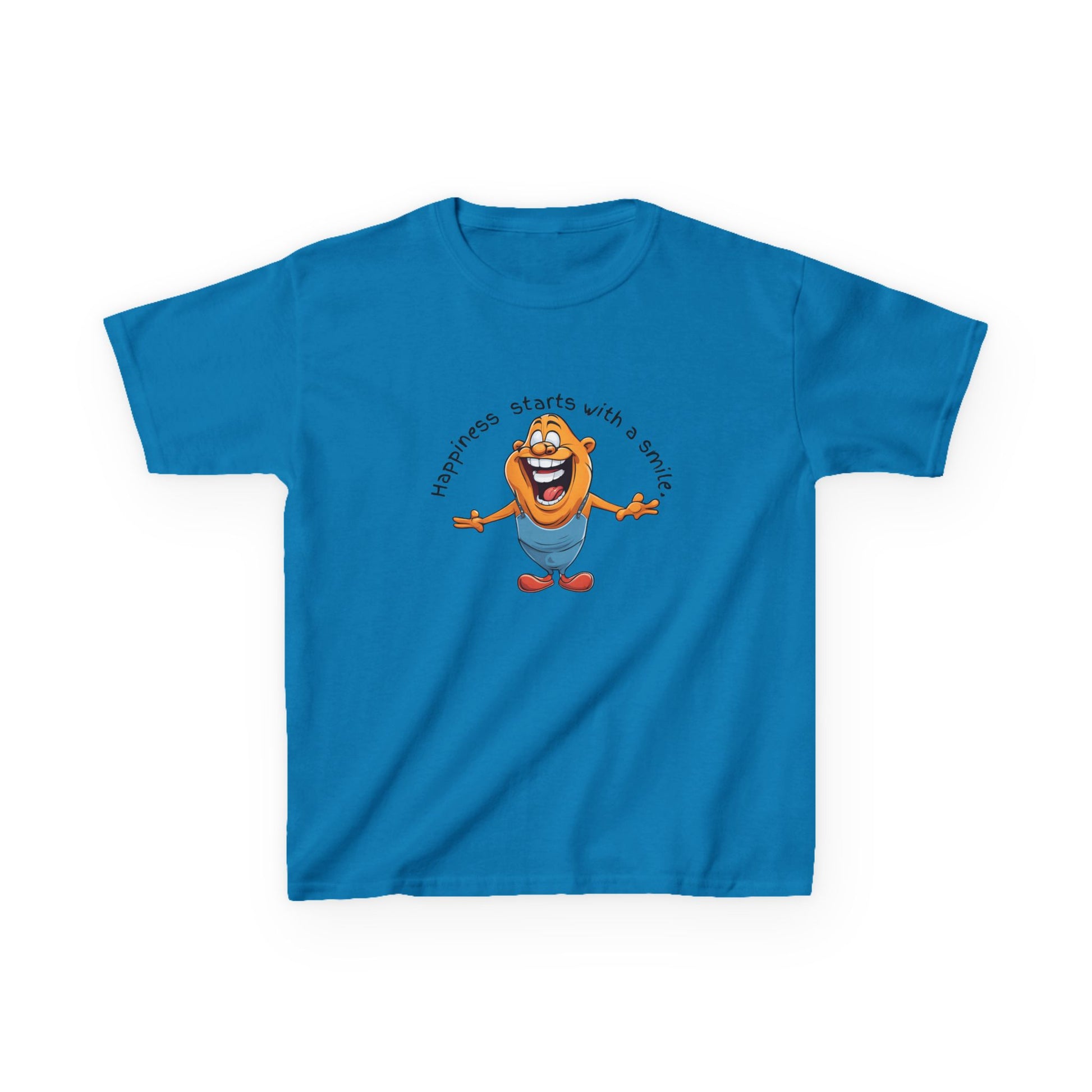 Kids cotton t-shirt with cute cartoon character and “Happiness Starts with a Smile” text