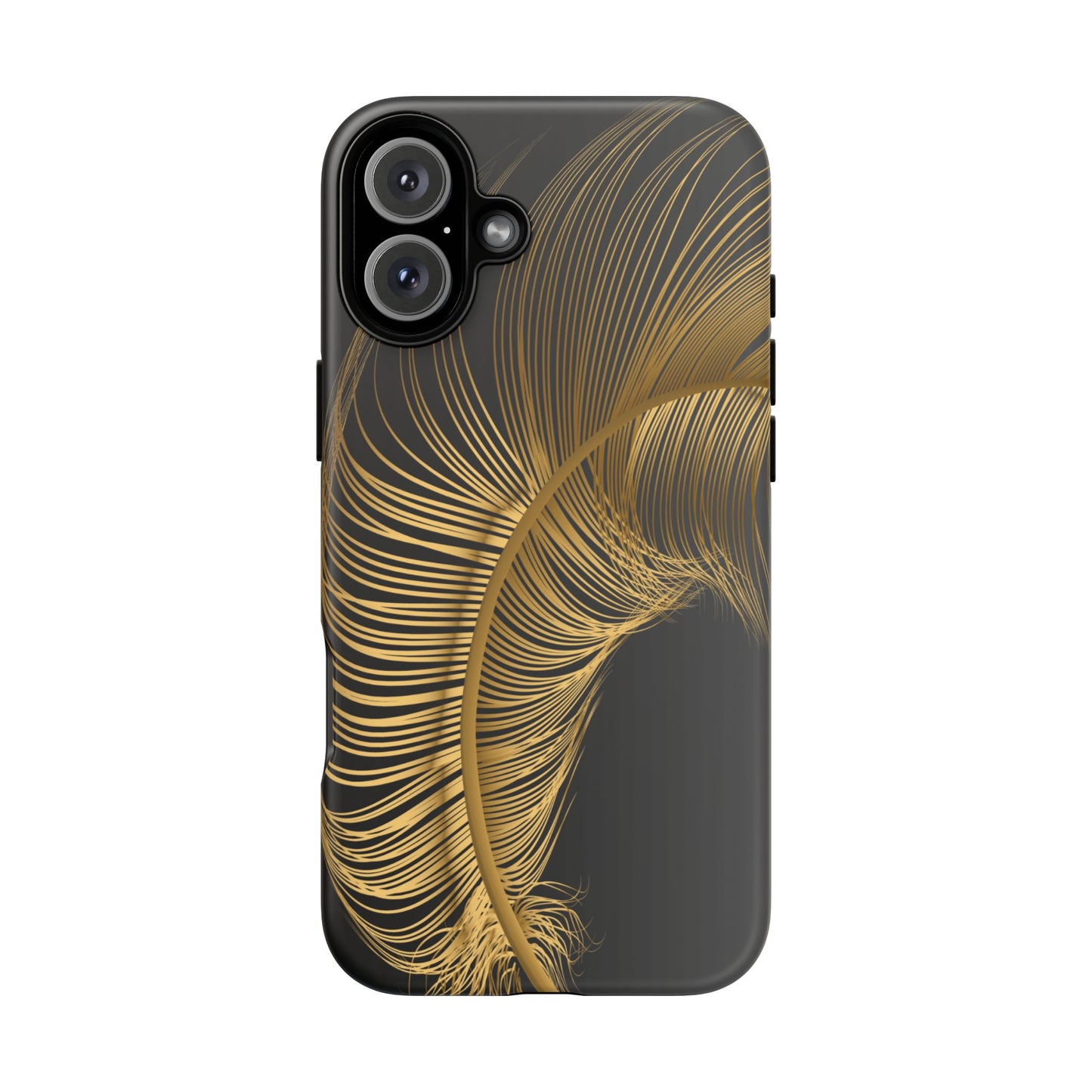 matte black i phone 16+ case with golden feather design- stylish and durable
