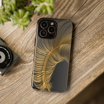 Phone case with gold feather design on black background