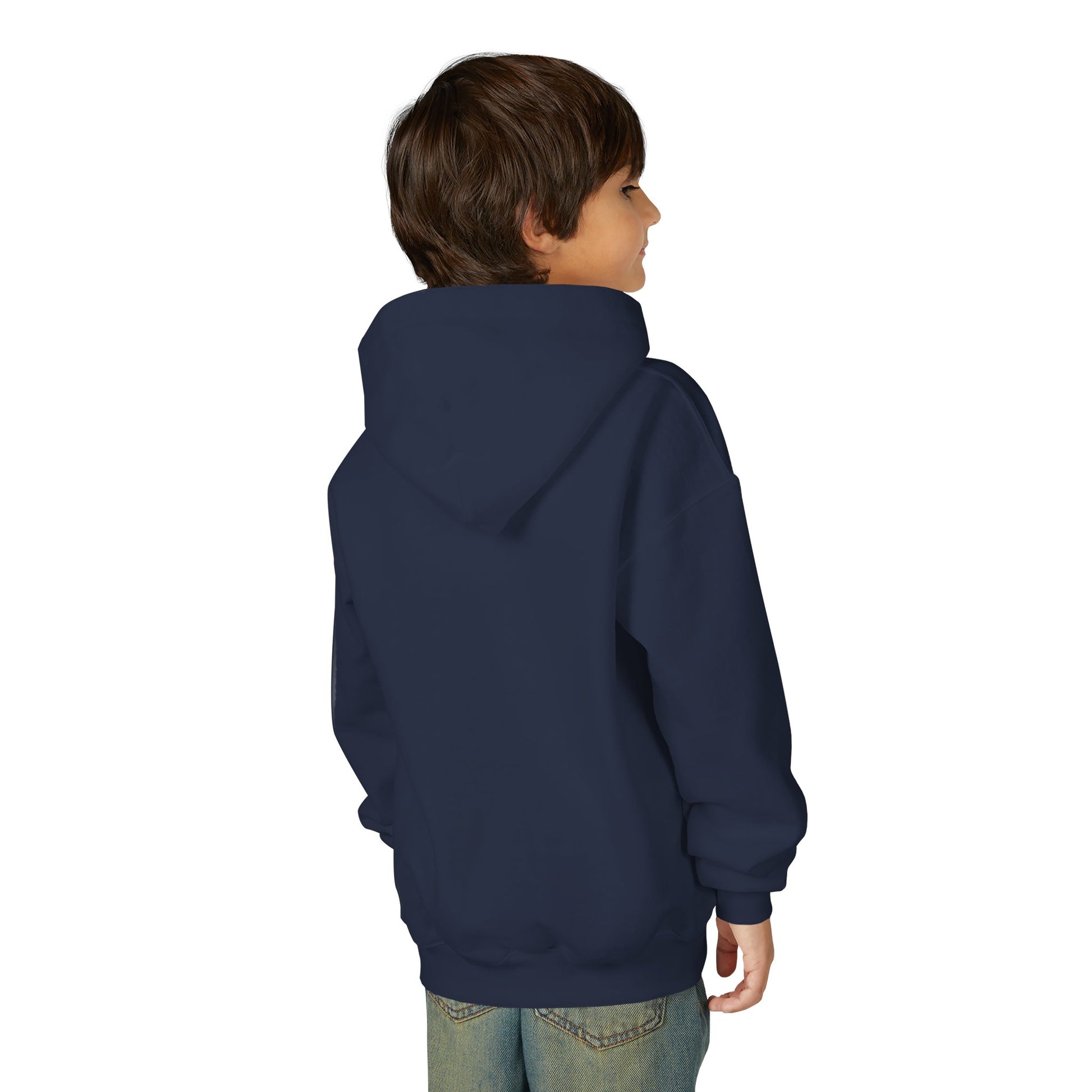 Child wearing a navy blue hoodie on a white background