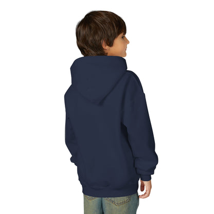 Child wearing a navy blue hoodie on a white background
