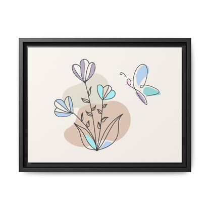 Framed artwork with abstract flowers and butterfly on a beige background