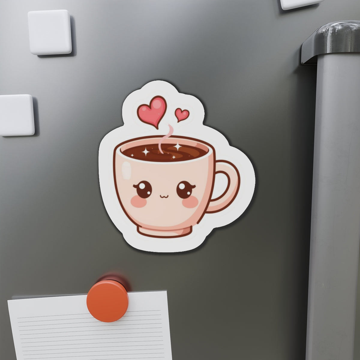 Fridge magnet shaped like a cute cartoon coffee cup with hearts on a metallic surface.