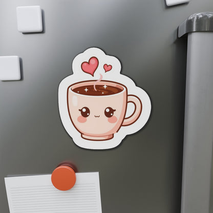 Fridge magnet shaped like a cute cartoon coffee cup with hearts on a metallic surface.