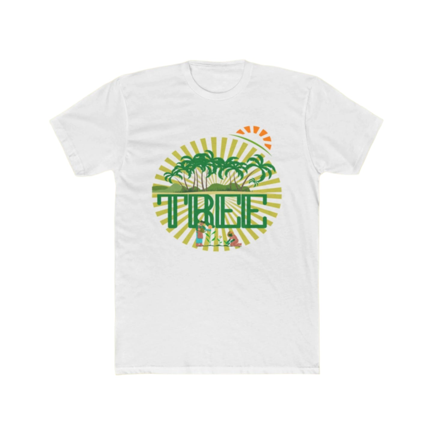 A white unisex cotton crew tee with a graphic print in the center that includes green palm trees and the word 'PINE'.