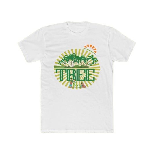 A white unisex cotton crew tee with a graphic print in the center that includes green palm trees and the word 'PINE'.