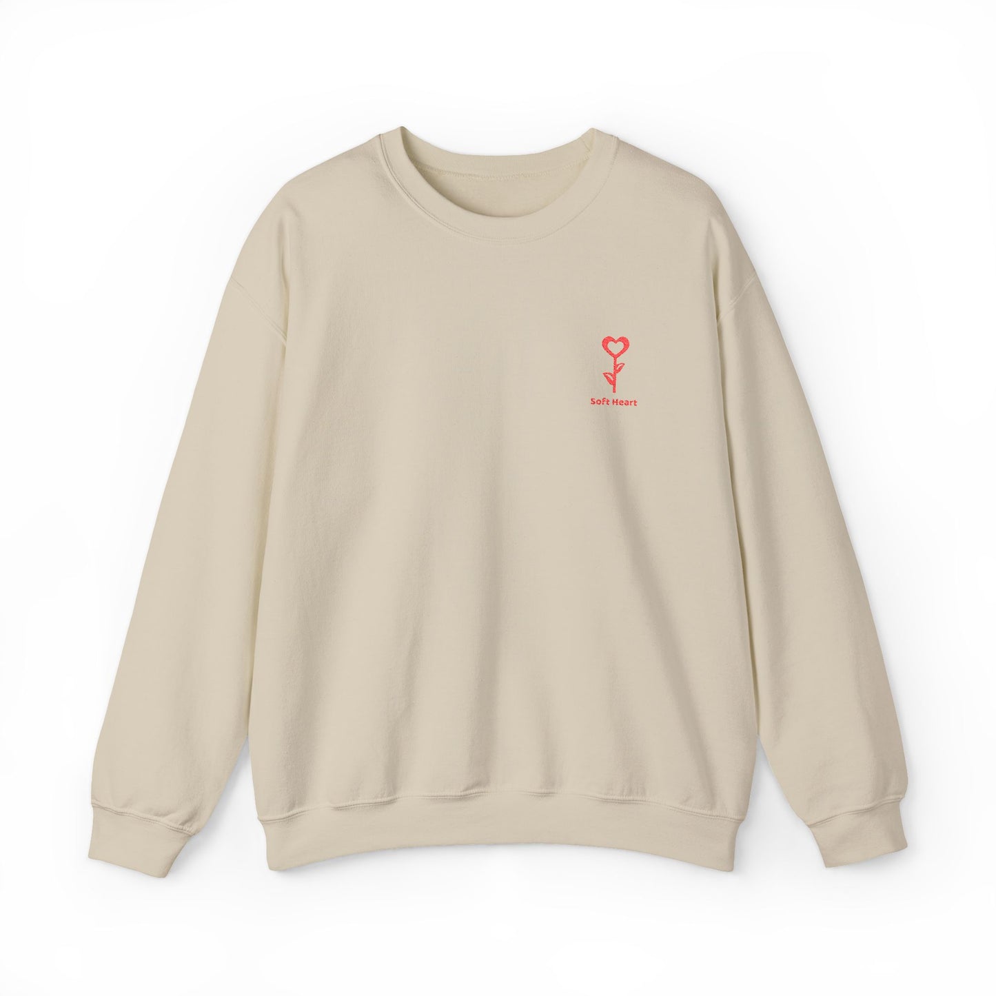 Beige sweatshirt with a red logo on a white background