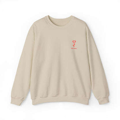 Beige sweatshirt with a red logo on a white background