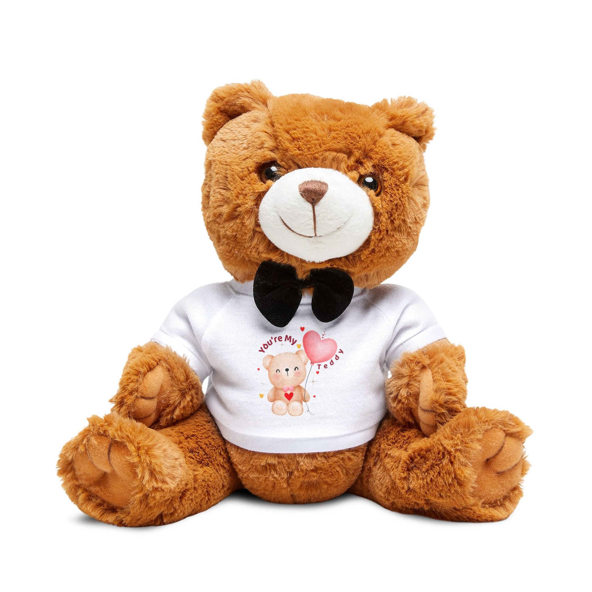 Brown teddy bear wearing a white shirt with graphics and text on a white background