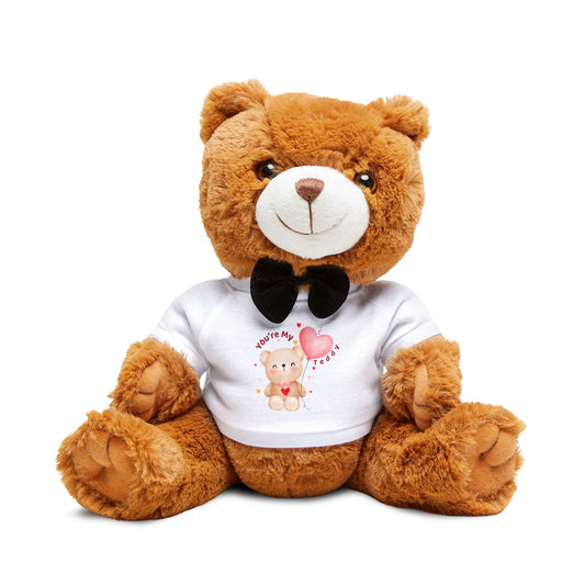 Brown teddy bear wearing a white shirt with graphics and text on a white background