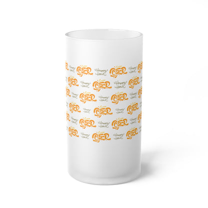 Frosted beer glass with "Happy Hour" text – stylish drinkware for chilled beverages.

