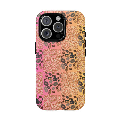 Matte  i phone 15 pro case featuring tiger pattern and scattered coffee beans – sleek and wild look