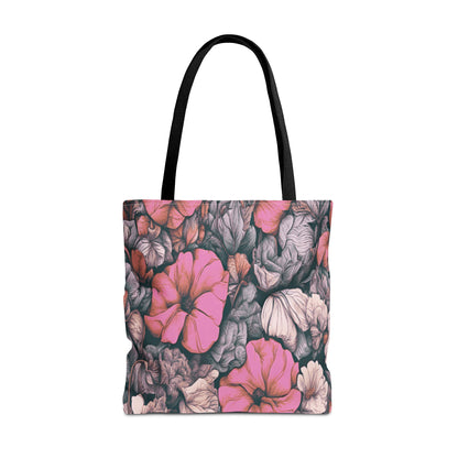 Tote bag with pink floral pattern on a white background