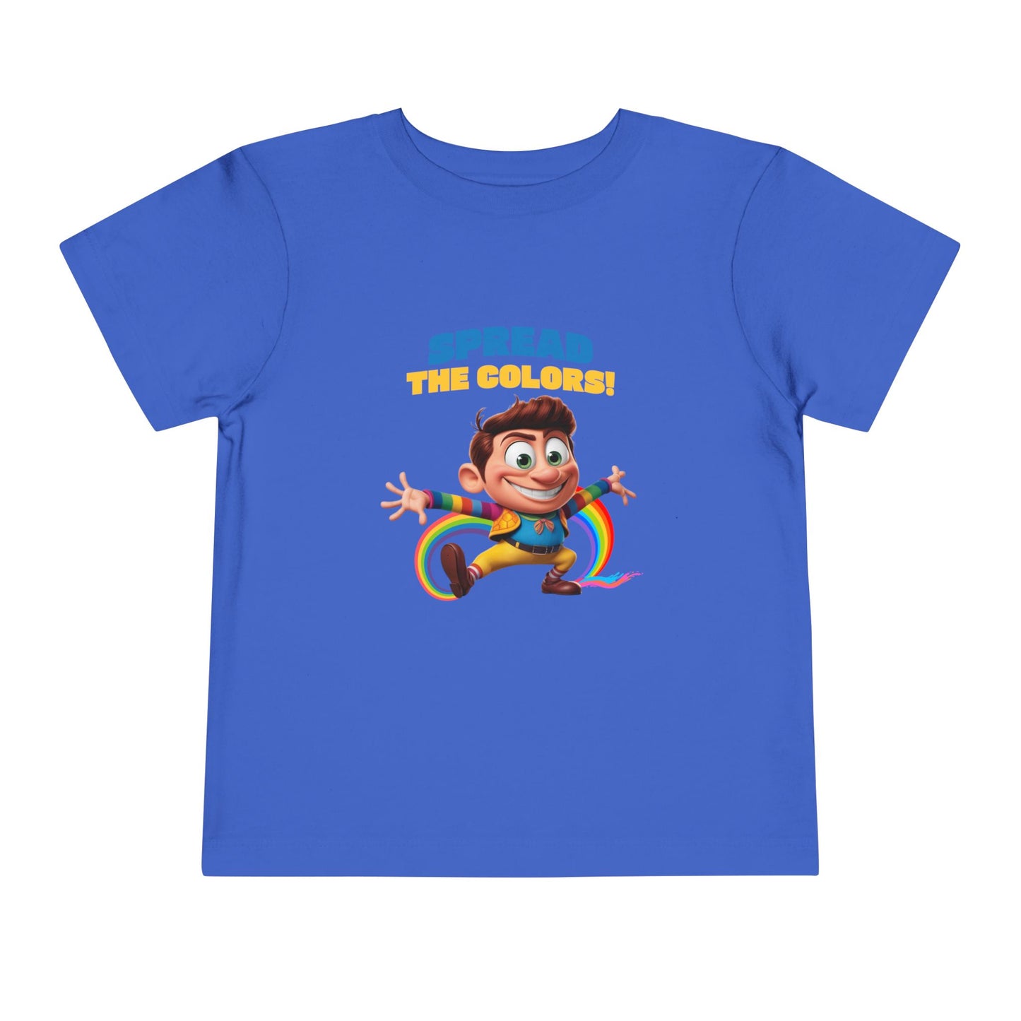 Cartoon boy jumping with rainbow trail and "Spread the Colors!" text on true royal T-shirt.

