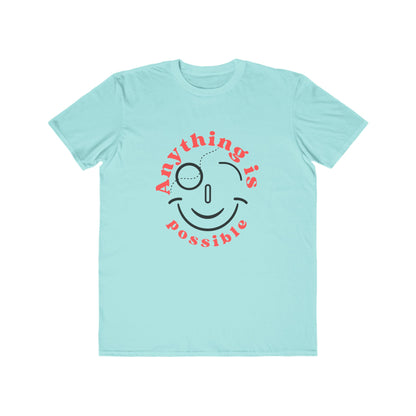 Teal ice t-shirt with a smiley face and 'Anything is possible' text on a white background 
