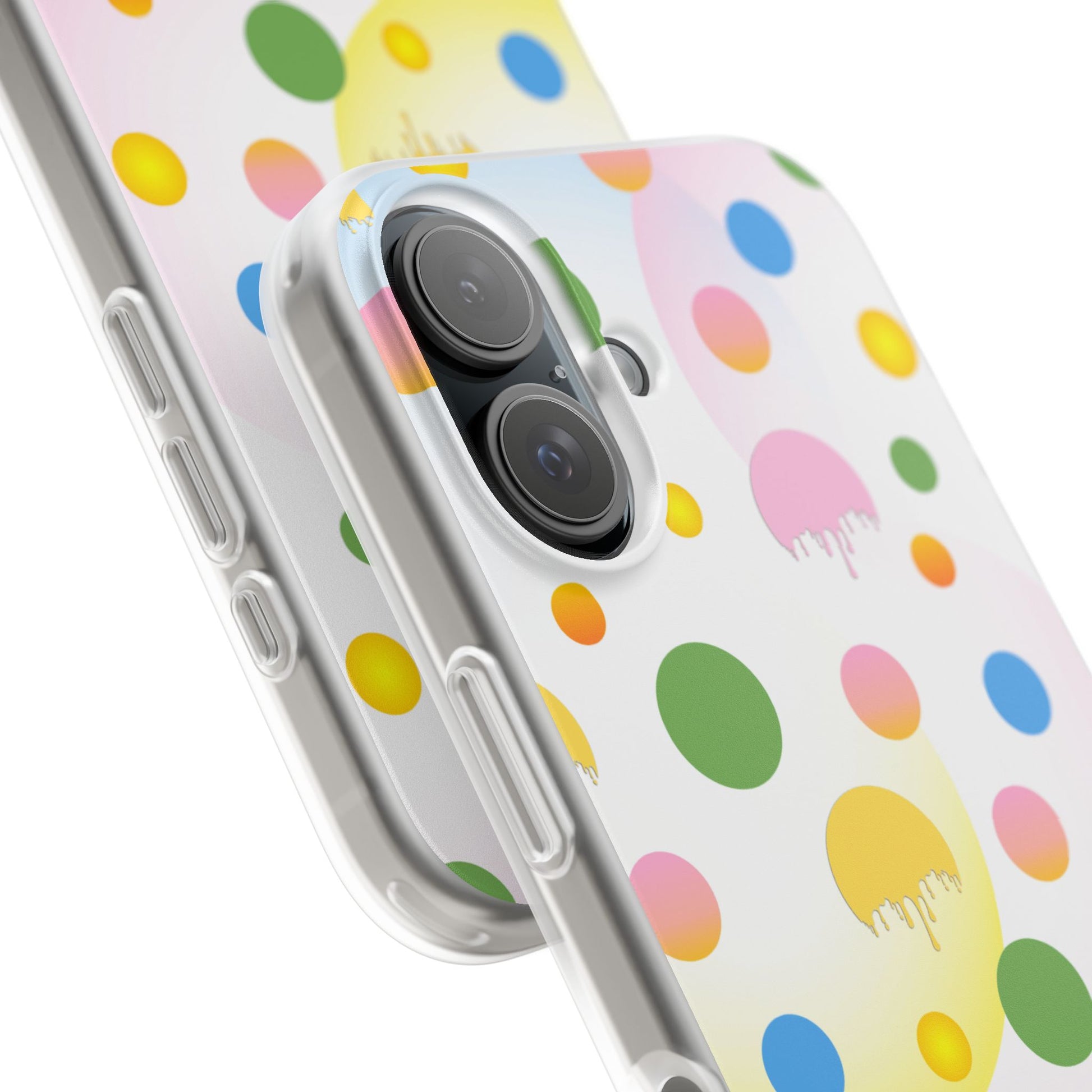 Phone case with colorful polka dot pattern on a white background
