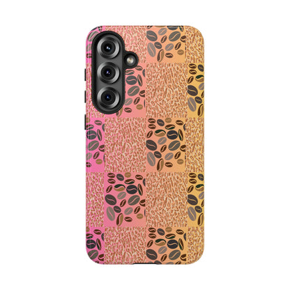 Glossy  samsung galaxy s 25 + phone case with coffee beans and tiger print – bold and energizing style


