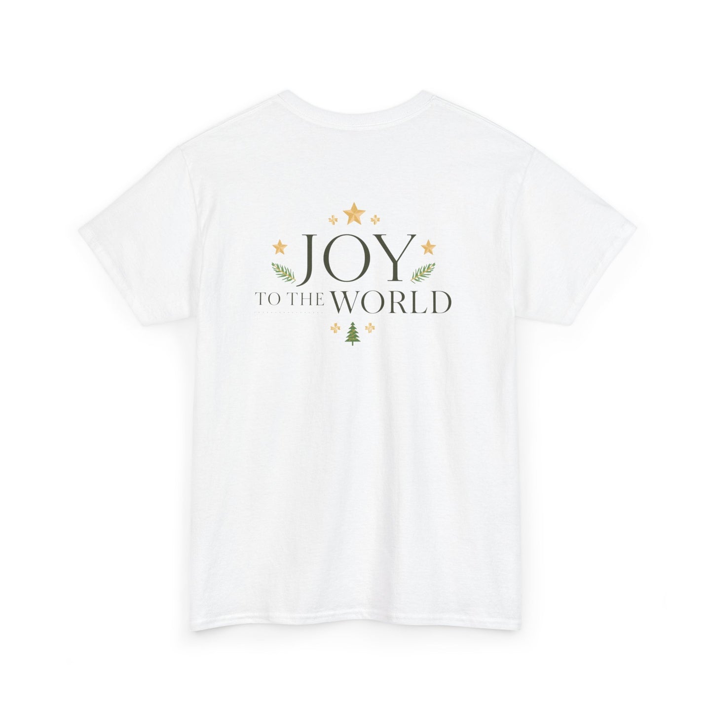 Minimalist Christmas T-shirt with golden stars and Joy to the World typography in elegant festive style