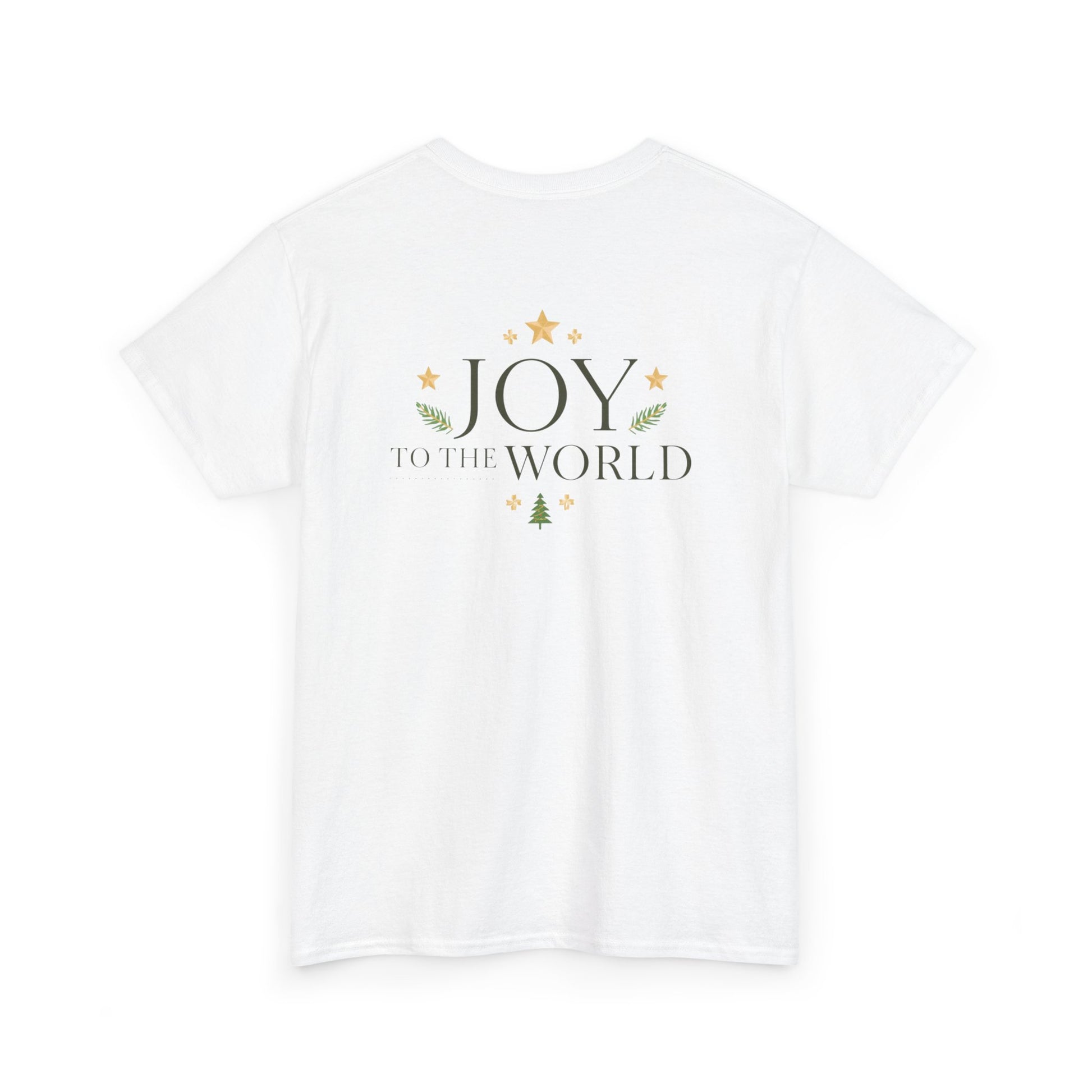 Minimalist Christmas T-shirt with golden stars and Joy to the World typography in elegant festive style