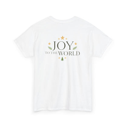 Minimalist Christmas T-shirt with golden stars and Joy to the World typography in elegant festive style