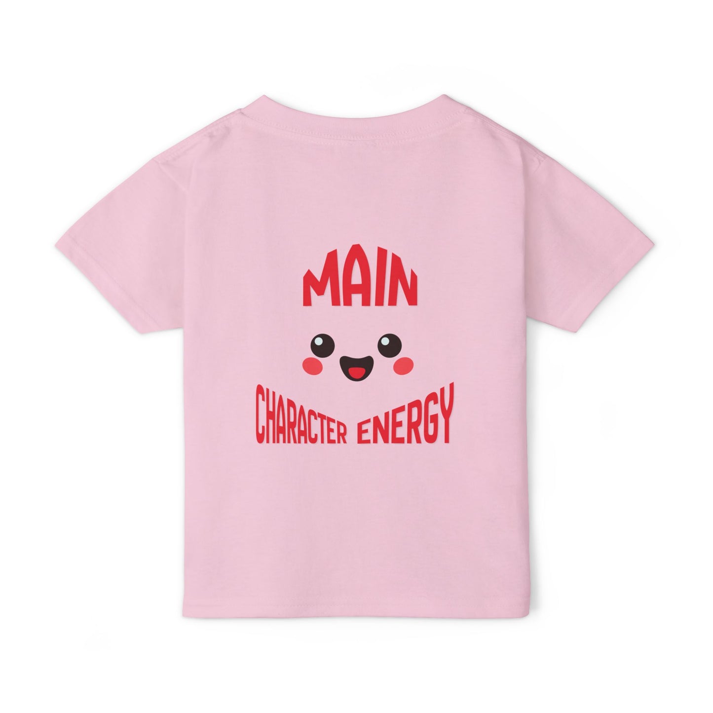 Kawaii smiley face with curved text Main Character Energy on the back of a baby t-shirt."
