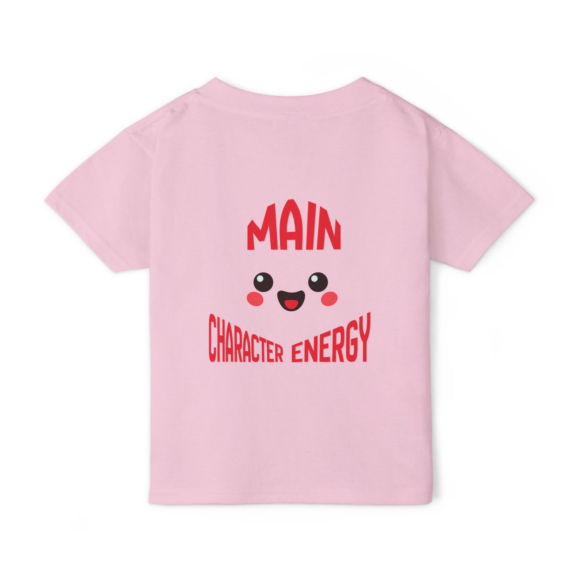 Kawaii smiley face with curved text Main Character Energy on the back of a baby t-shirt."