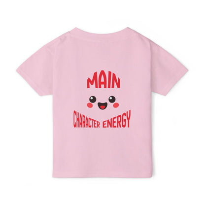Kawaii smiley face with curved text Main Character Energy on the back of a baby t-shirt."