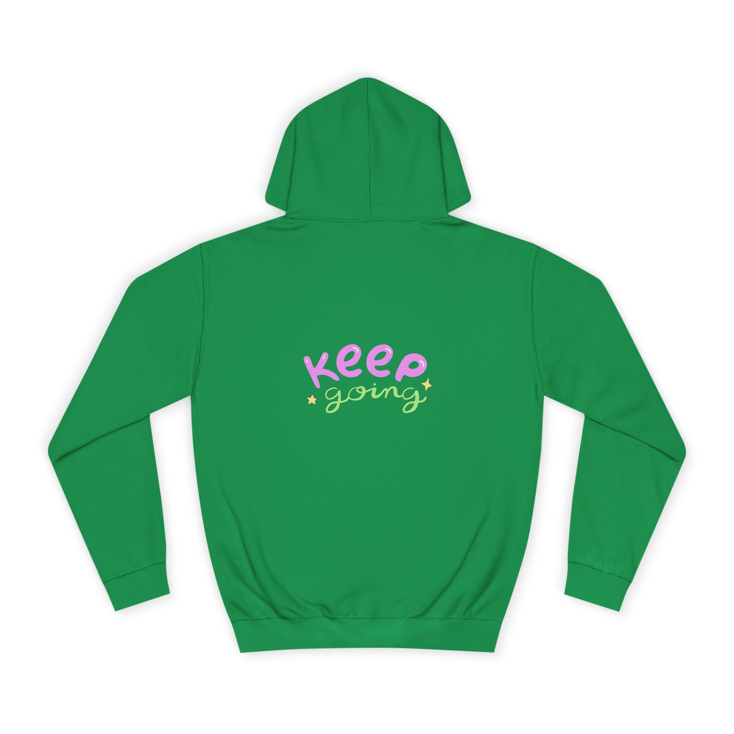 Green hoodie with 'Keep Going' text on a white background