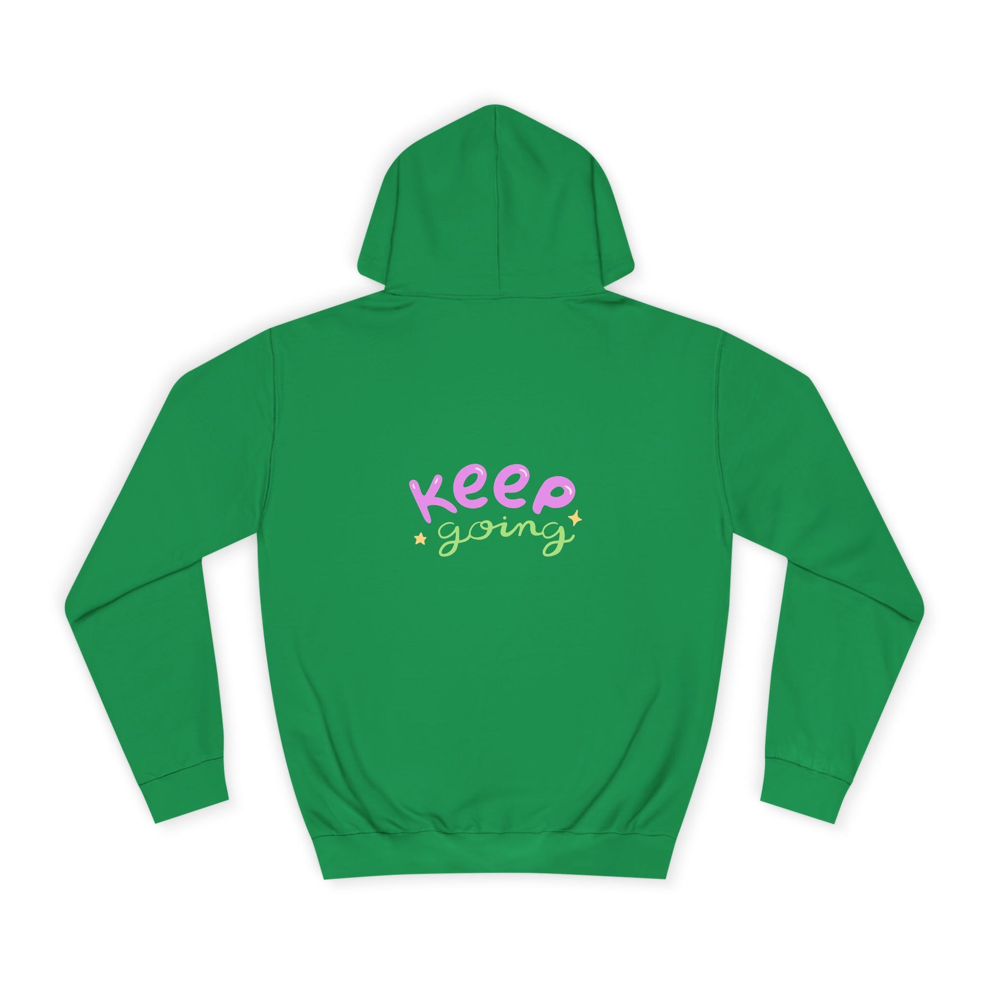 Green hoodie with 'Keep Going' text on a white background