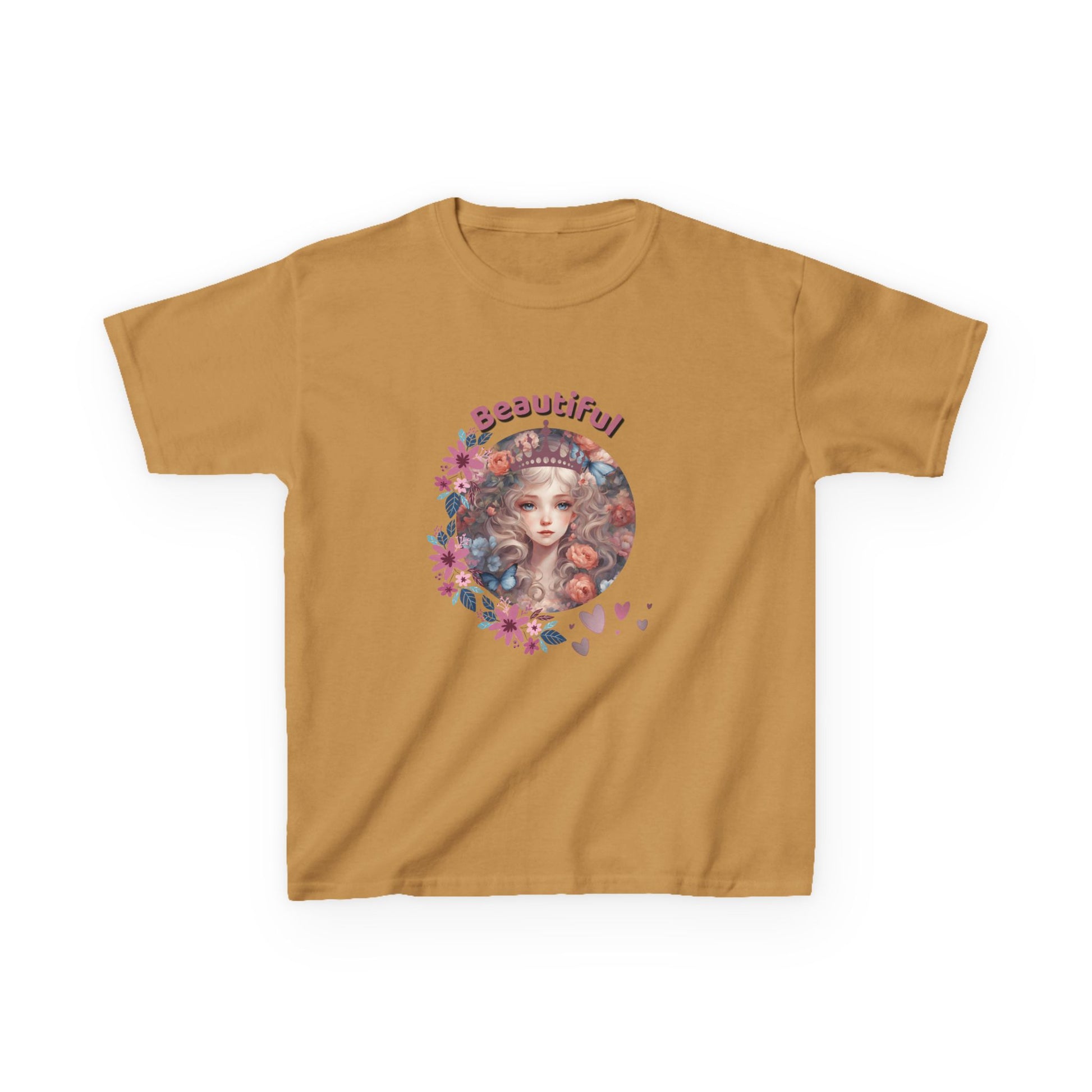 Mustard yellow t-shirt with a colorful graphic and 'Beautiful' text on a white background
