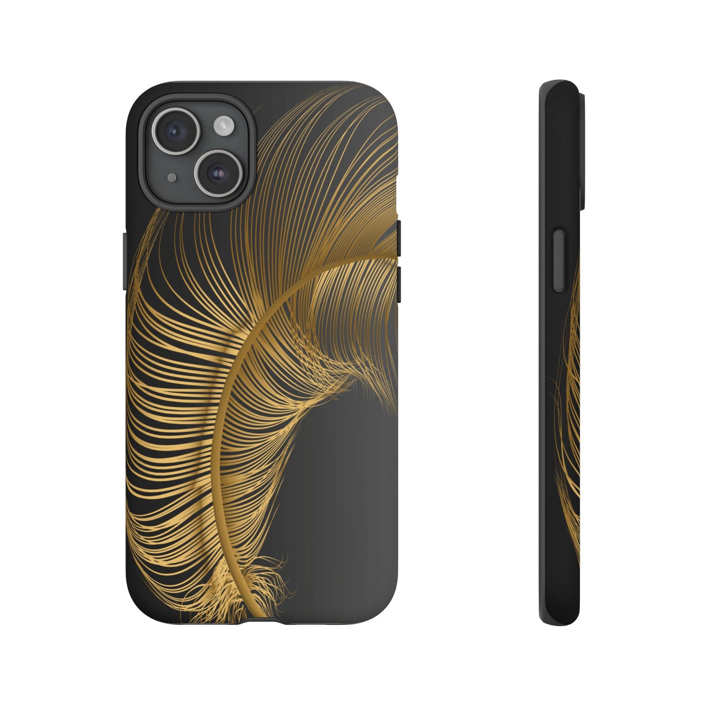matte black i phone 15+ golden feather design- stylish and durable