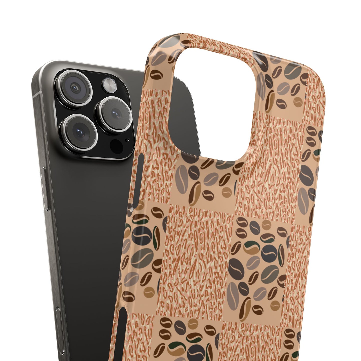 Phone case with coffee bean pattern on a white background