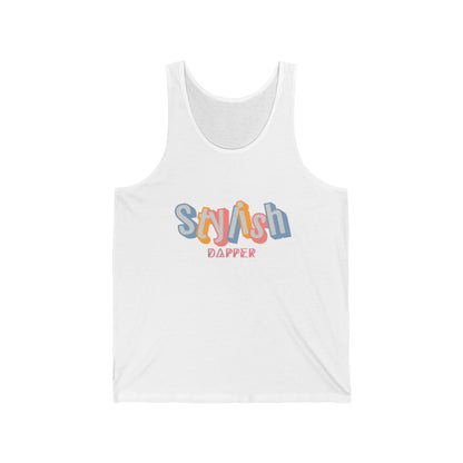 White Unisex jersey tank with “Stylish Dapper” text on front