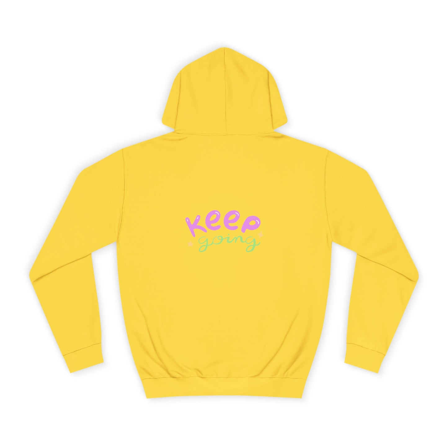 Yellow hoodie with 'Keep Going' text on a white background