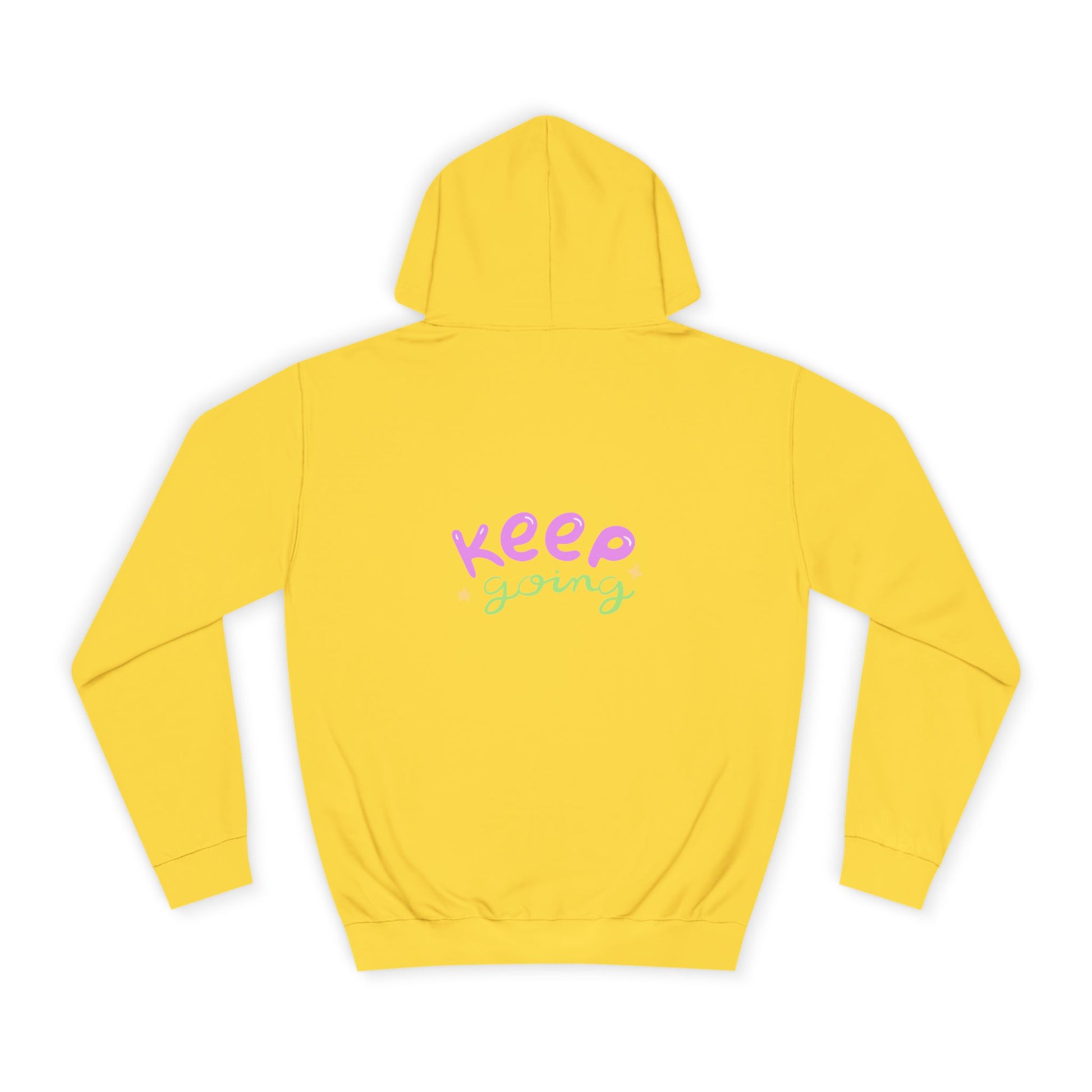 Yellow hoodie with 'Keep Going' text on a white background