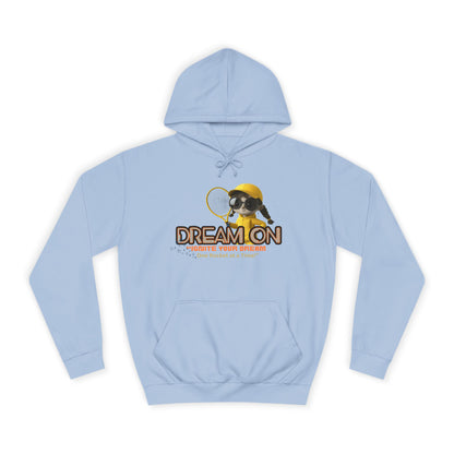 A  sky blue unisex hoodie with a graphic print of a bee and the text 'DREAM ON' on the front.