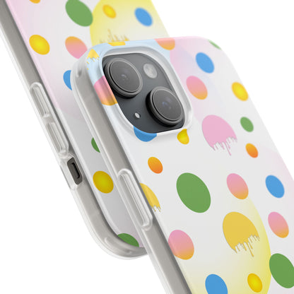 Phone case with colorful polka dot pattern on a white background