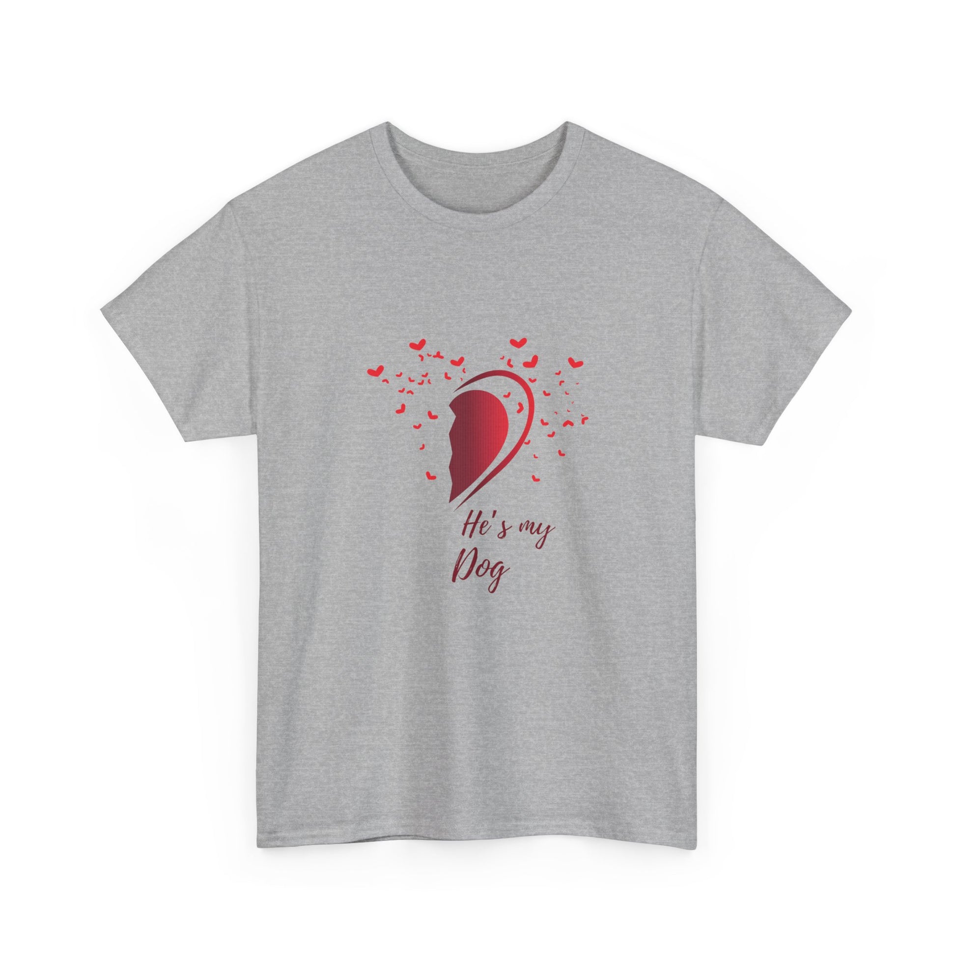Gray t-shirt with red graphic and text 'He's my dog' on a white background
