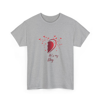 Gray t-shirt with red graphic and text 'He's my dog' on a white background