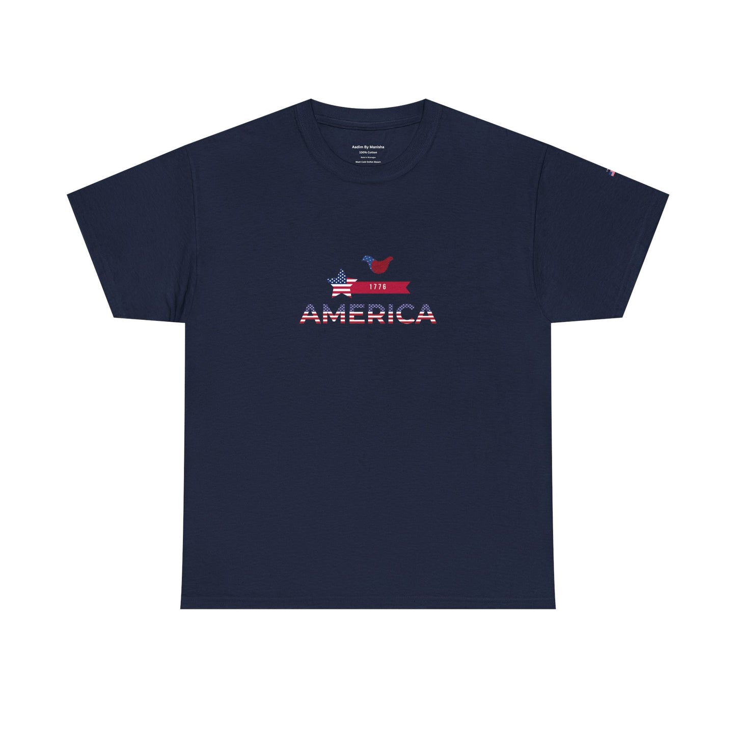Navy blue t-shirt with 'America' text and graphic on a white background