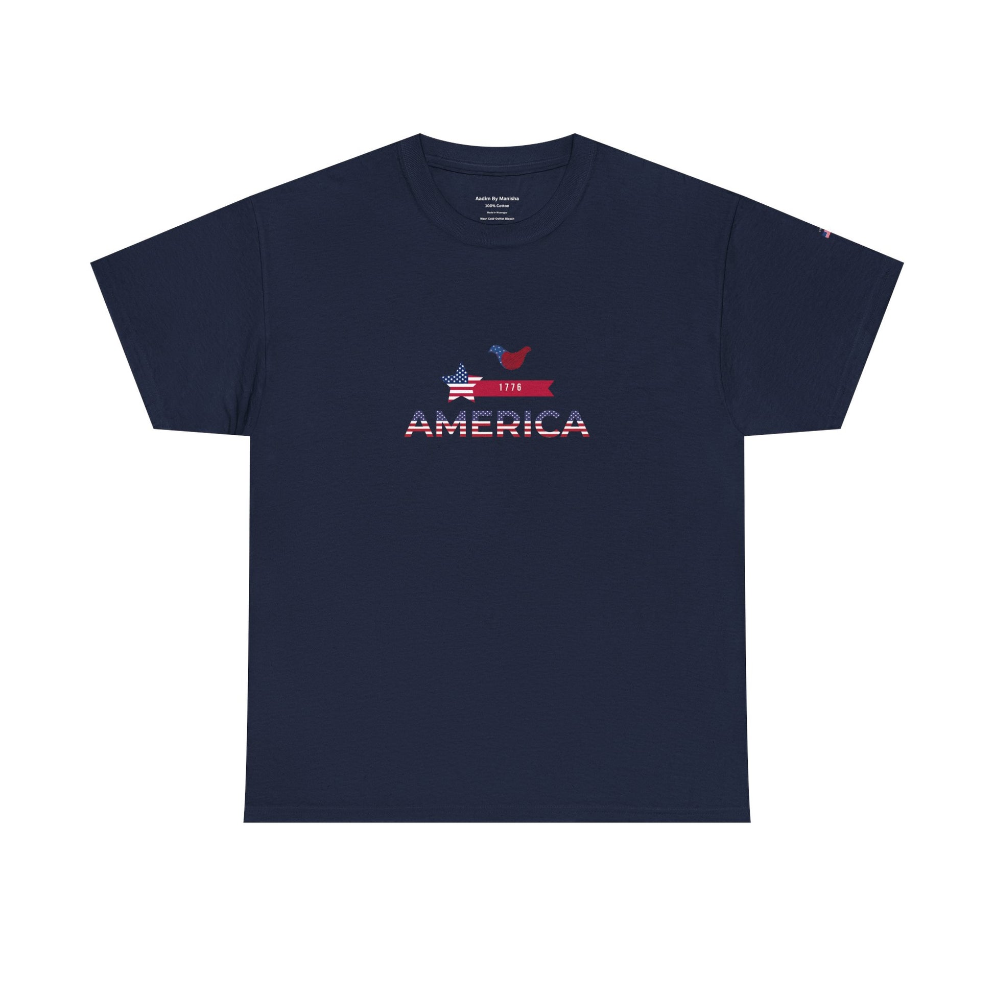 Navy blue t-shirt with 'America' text and graphic on a white background