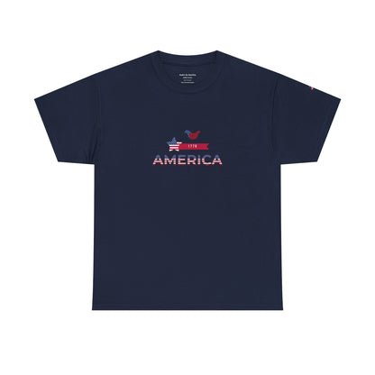 Navy blue t-shirt with 'America' text and graphic on a white background